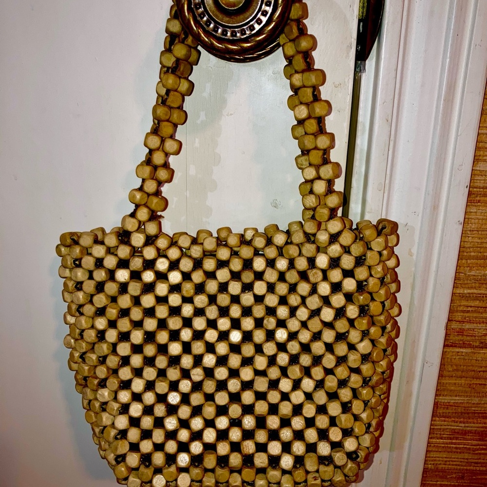 Beaded Small Hand Bag in Natural Beige Wooden Beads